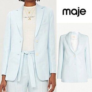 MAJE Paris Vizane Linen Blend Twill Blazer US M 38 Light Sky Blue Designer $385